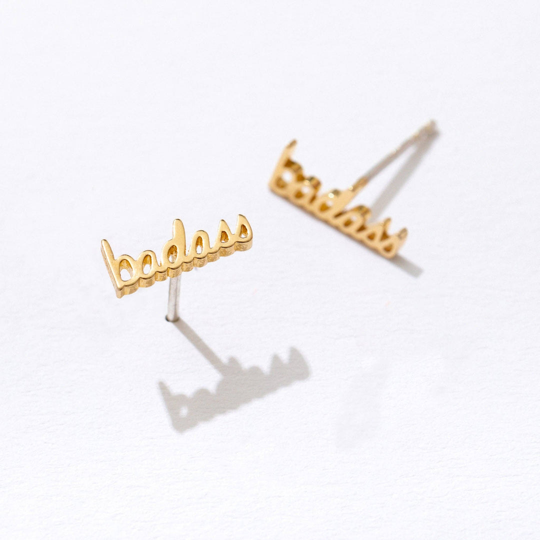14k Gold Plate Badass Script Studs