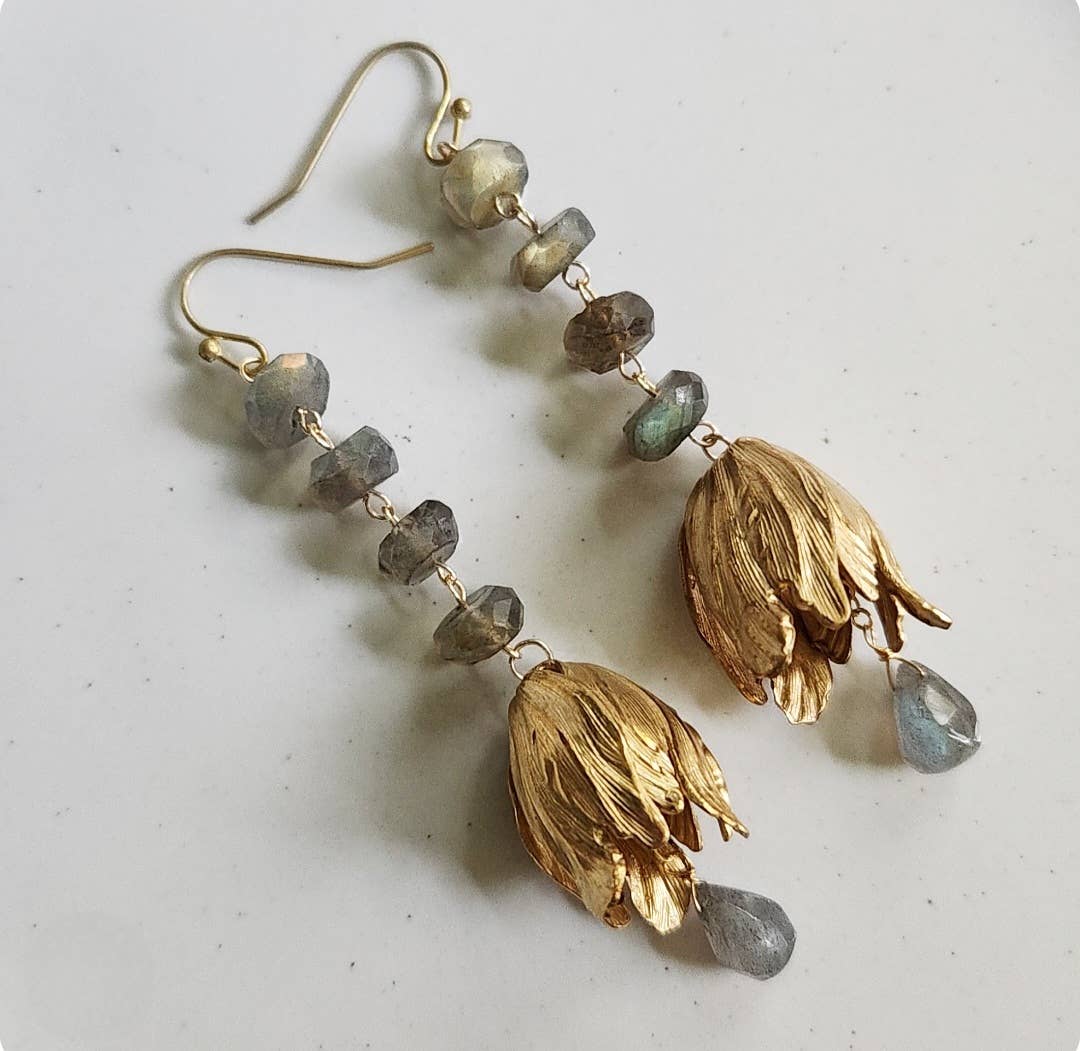 Faceted Labradorite &amp; Parrot Tulip Maximalist Earrings