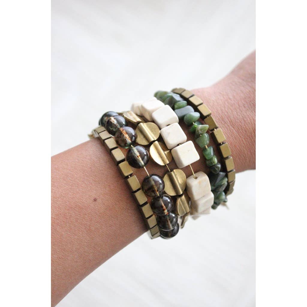 Athena hematite, glass, agate, and jade bracelet