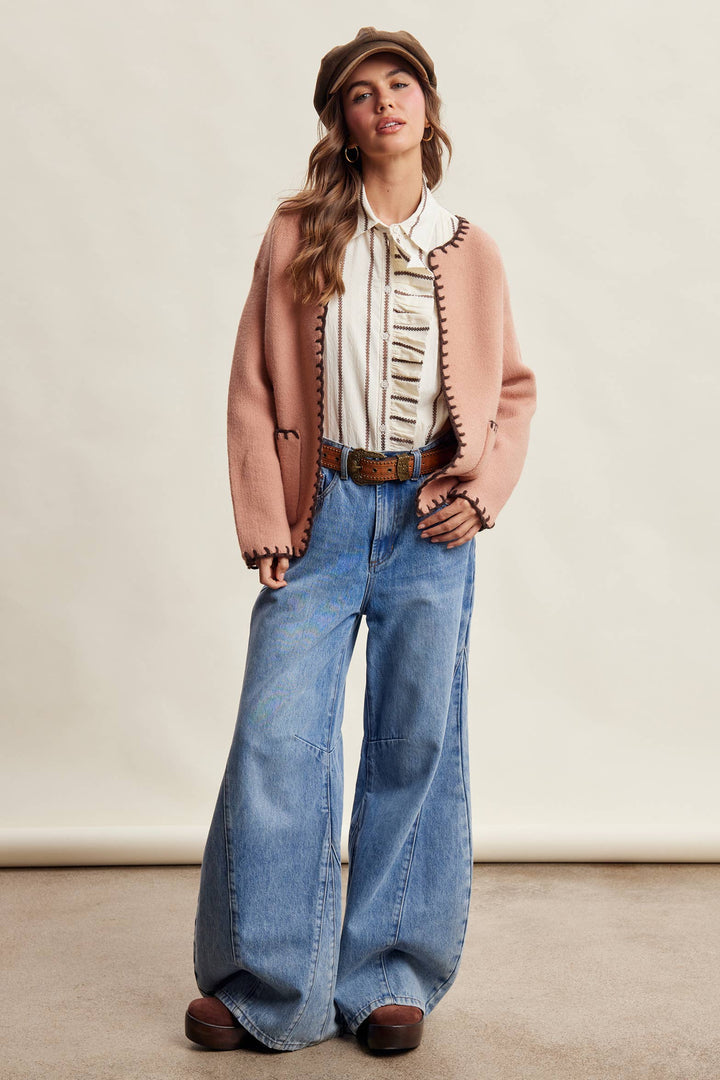 Contrast Whipstitch Knit Cardigan LSW1066
