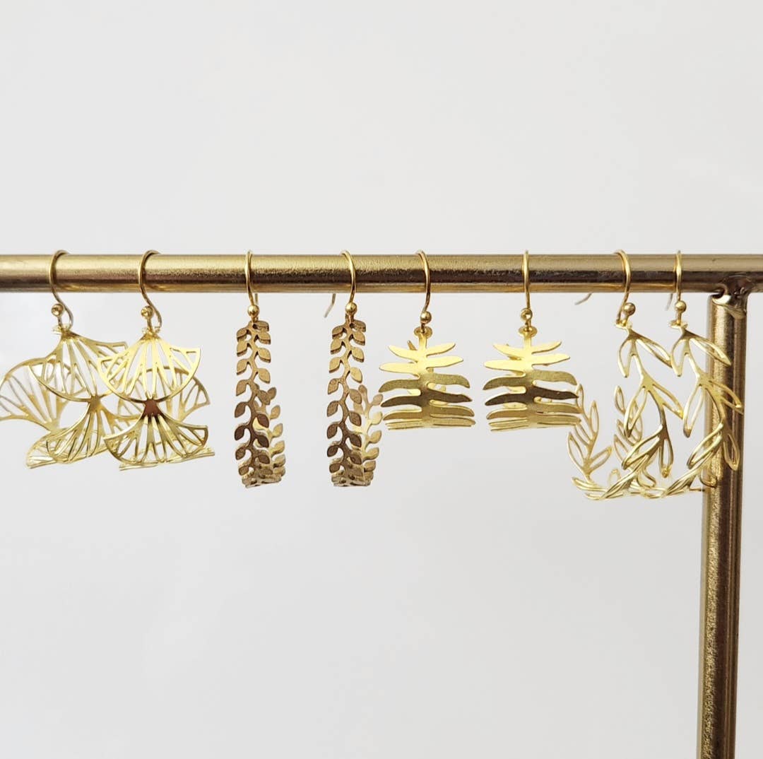 Brass Fern, Olive &amp; Myrtle Leaf, Wheat Hoop Dangle Earrings