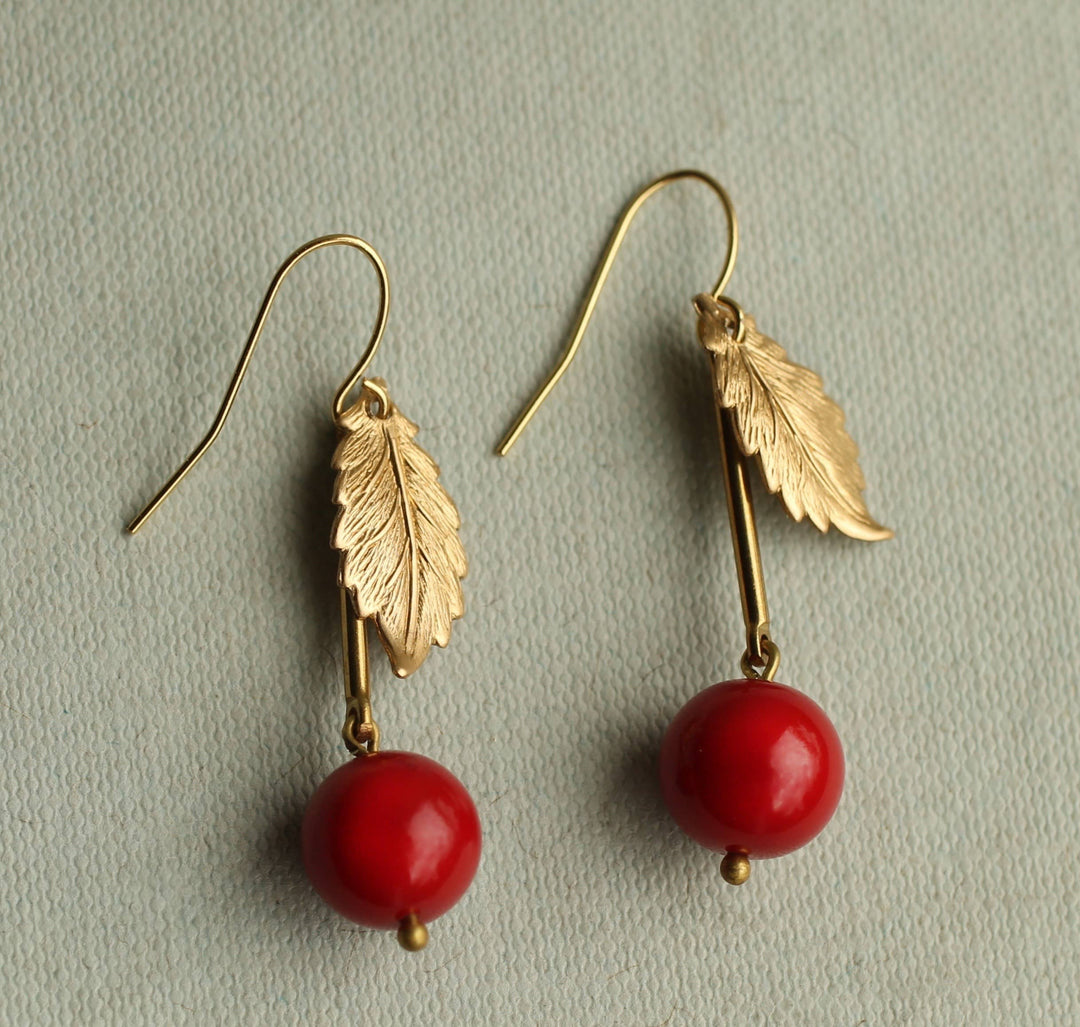Vintage Brass Red Cherry Earrings SP567