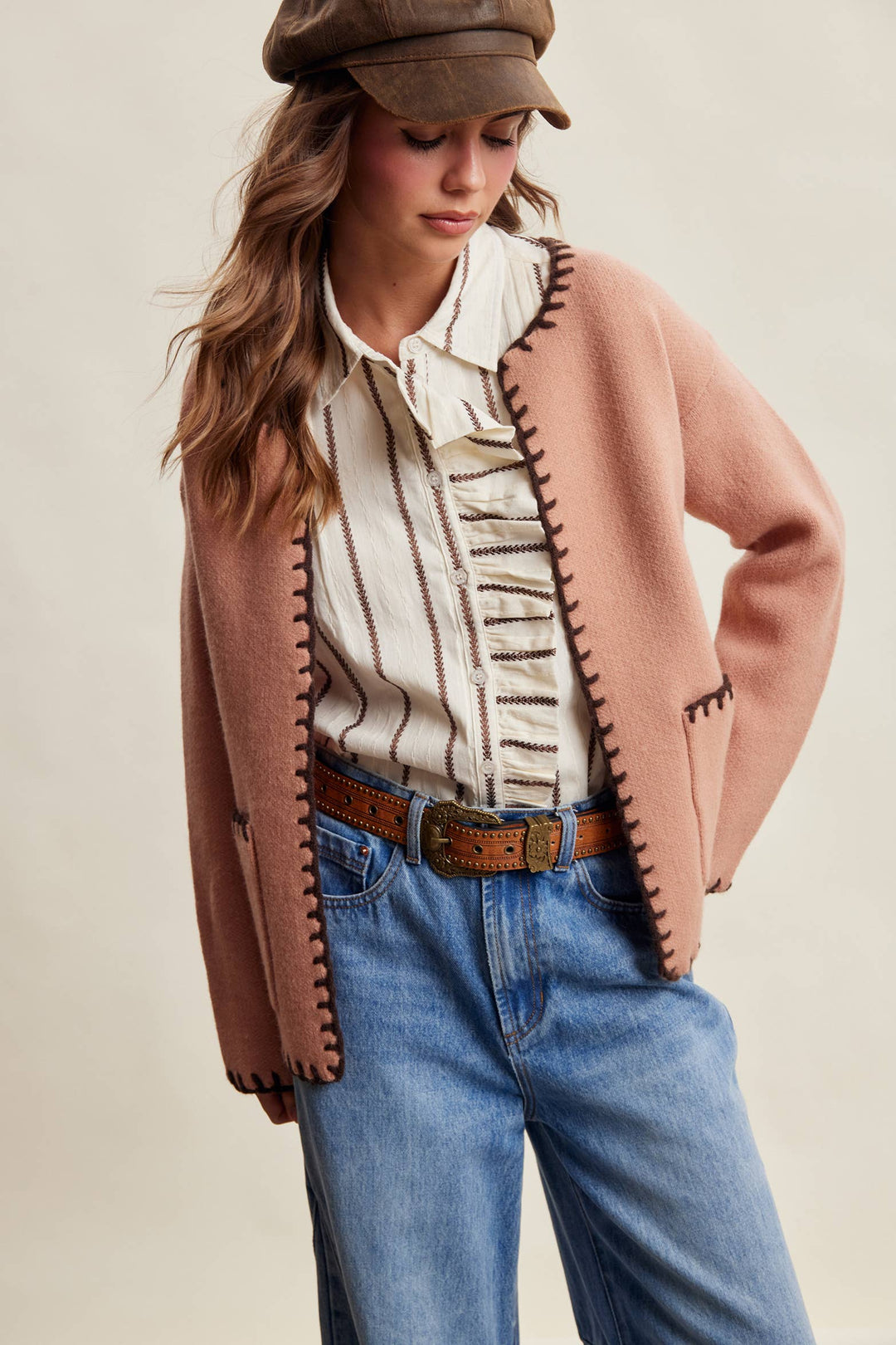 Contrast Whipstitch Knit Cardigan LSW1066