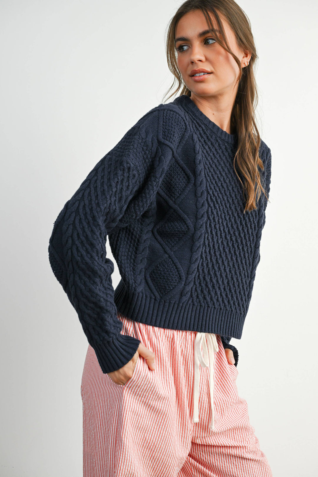 Fall Casual Solid Cable Knit Sweater - BMW719