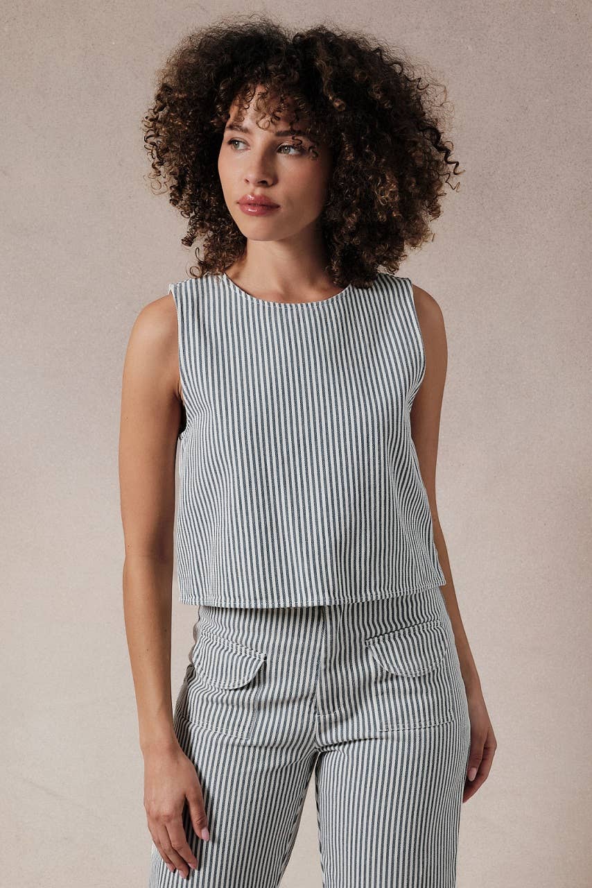 SLEEVELESS STRIPED DENIM CROPPED TOP JT8129