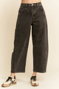 PATCH POCKET WIDE LEG CULOTTE DENIM BARREL PANTS