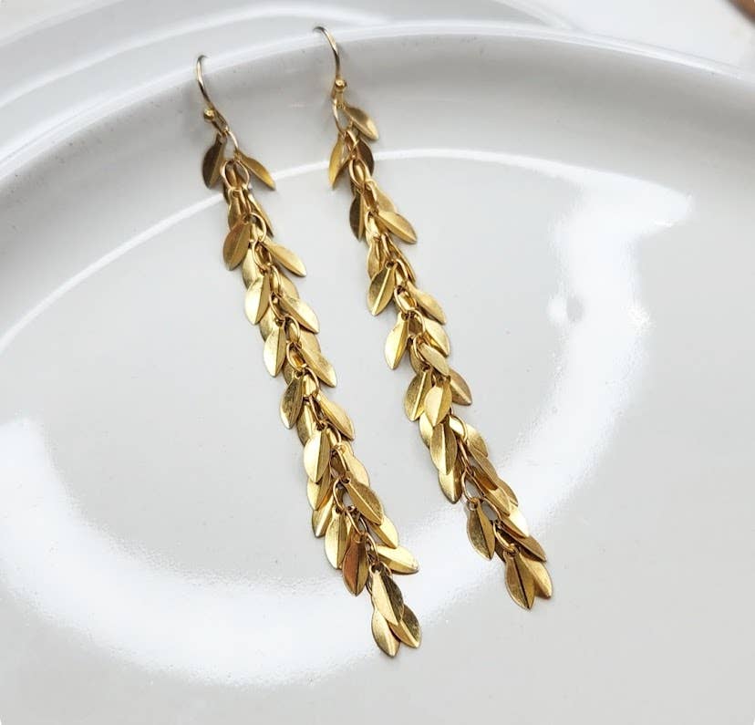 Brass Lightweight Leaf Chain and Labradorite Dangle Earrings
