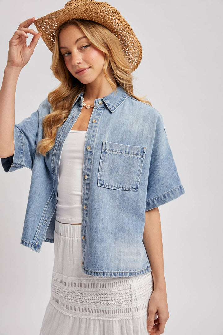 DENIM BUTTON DOWN SHORT SLEEVE BOXY SHIRT BV829