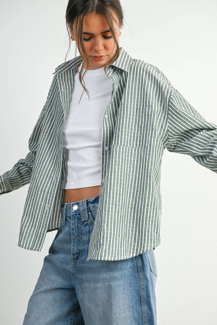 Cropped Striped Button-Up Collared Long Sleeve Top - BMT7915