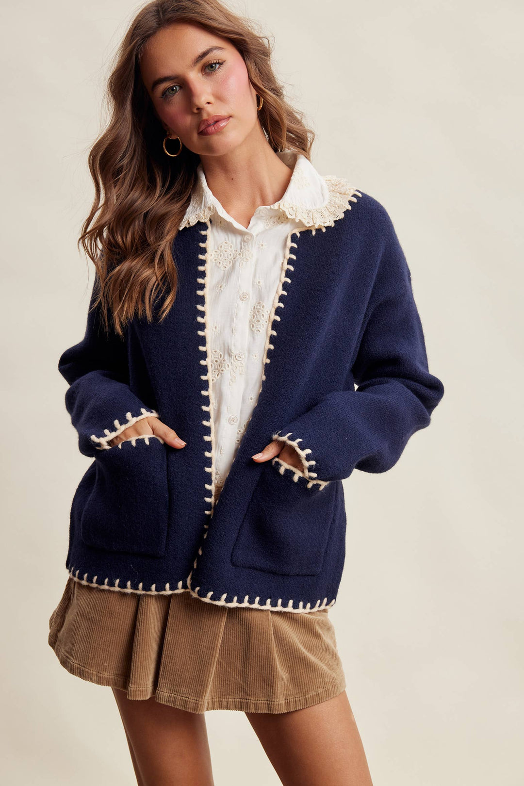 Contrast Whipstitch Knit Cardigan LSW1066
