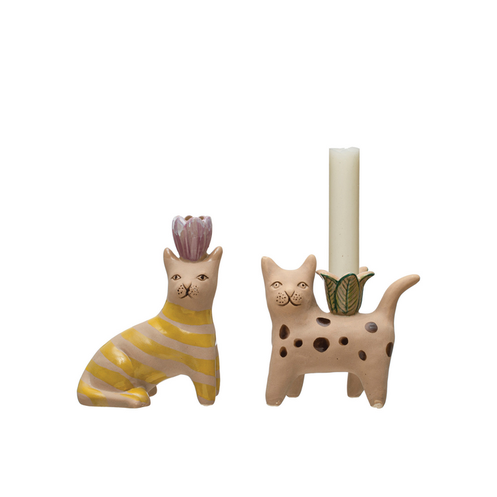 Hand-Painted Stoneware Cat Taper Holder