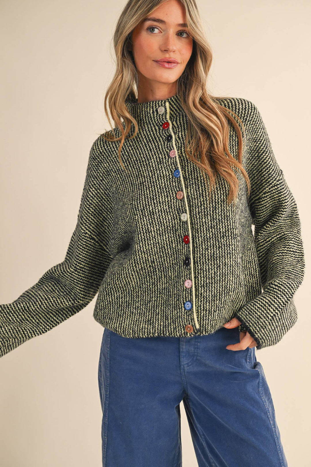 STRIPED SWEATER CARDIGAN WITH COLORFUL BUTTONS MS112