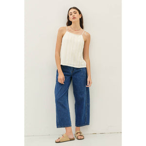MID RISE BARREL LEG ANKLE DENIM PANTS WITH POCKETS