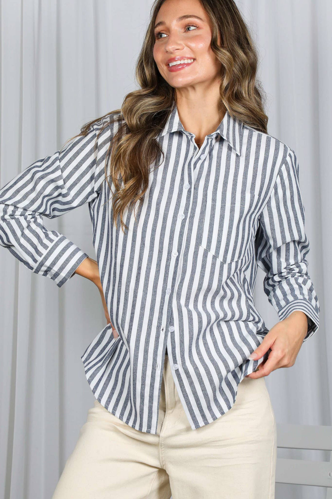 Striped 100% Cotton Collared Shirt Top VT81