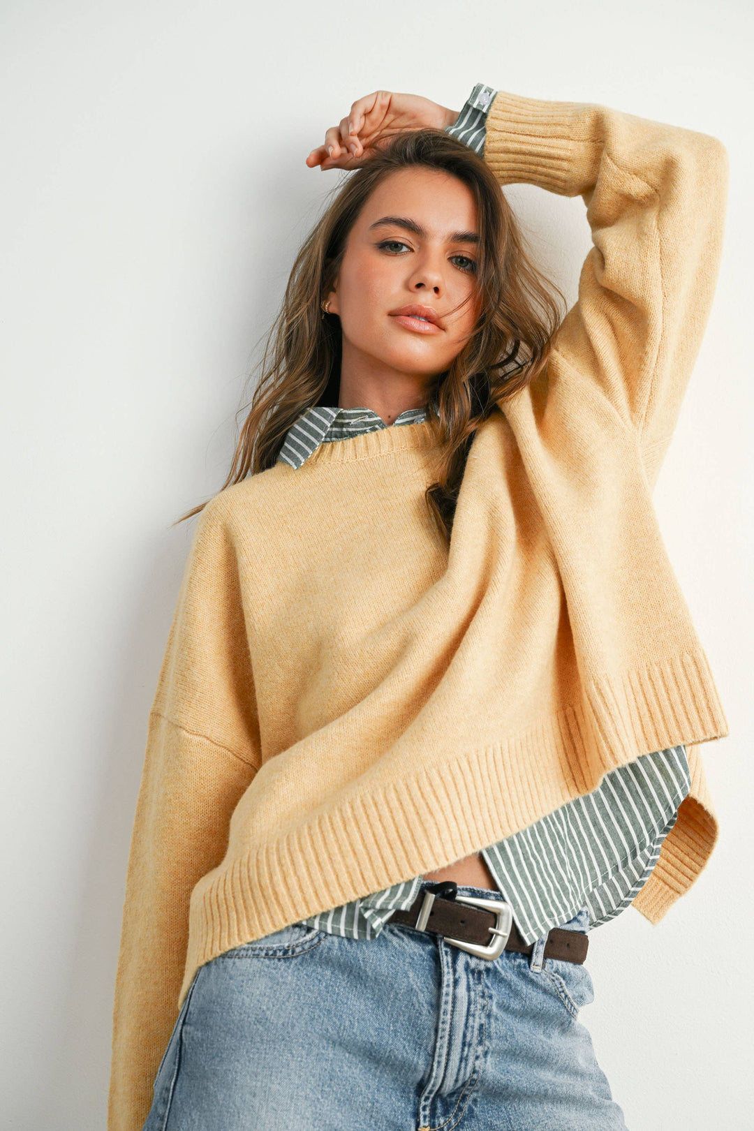 Cropped Striped Button-Up Collared Long Sleeve Top - BMT7915
