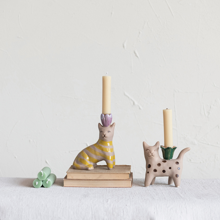 Hand-Painted Stoneware Cat Taper Holder