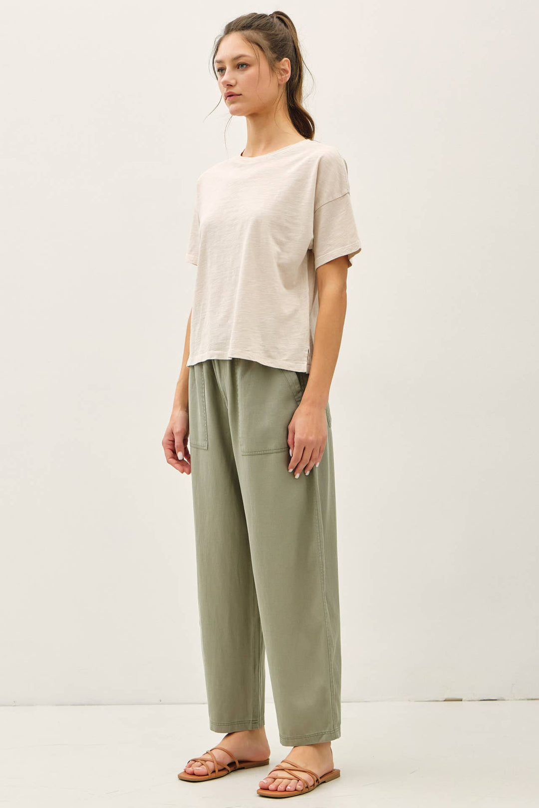 TENCEL LINEN BLEND BARREL TAPERED PANTS BC562