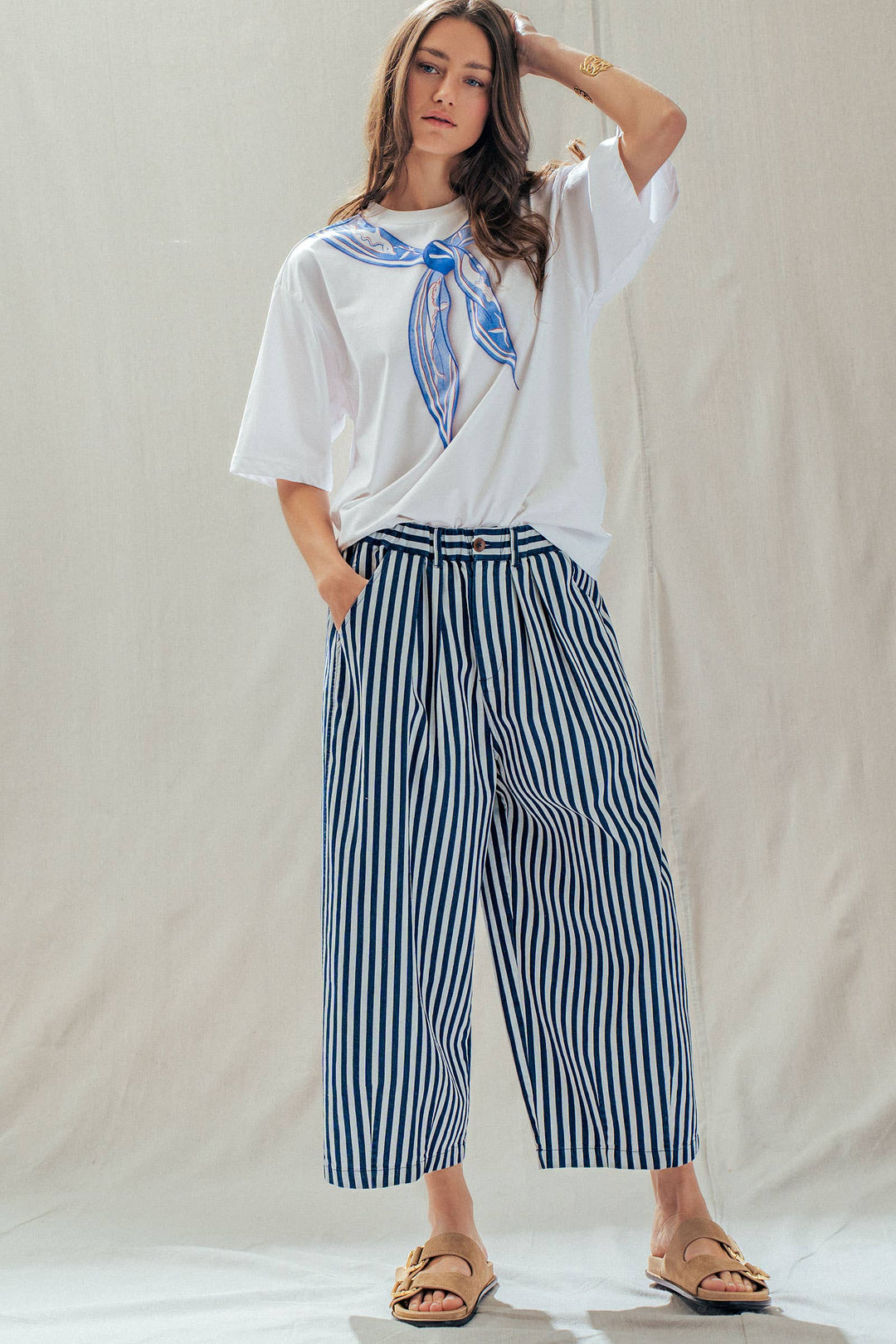 Striped Pleated Wide Leg Culotte Pants UD35