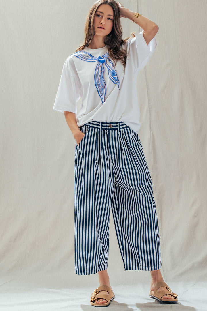Striped Pleated Wide Leg Culotte Pants UD35