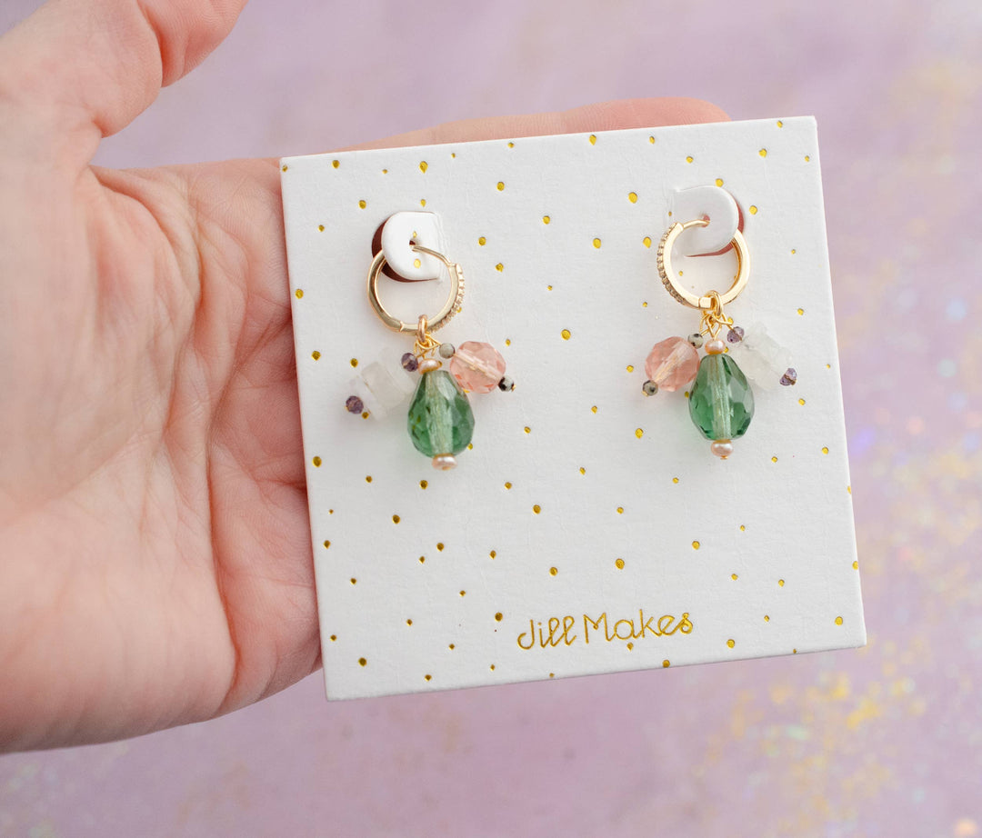 Green &amp; Pink Moonstone Charm Hoop Earrings JM764