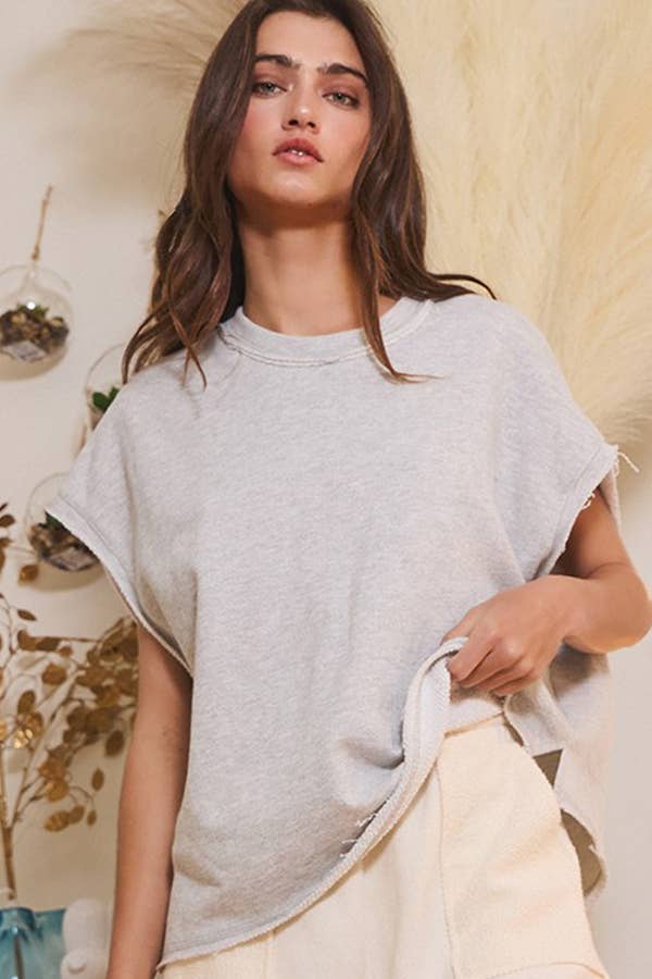 T2335 Cut Edge Detail Oversized French Terry Muscle Top