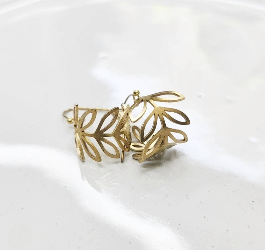 Brass Fern, Olive &amp; Myrtle Leaf, Wheat Hoop Dangle Earrings