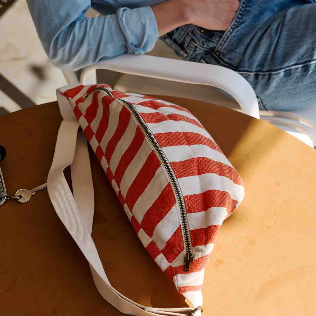WOMEN BUM BAG STRIPES GREIGE / TOMATO