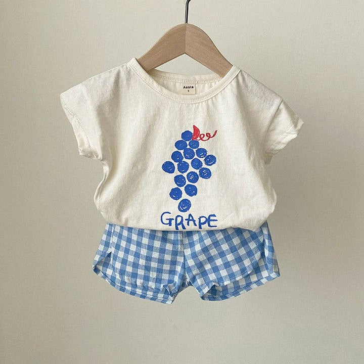 Summer Baby Kids Fruits Pattern Short Sleeves T-shirt and Plaid Shorts Clothing Set TR2504