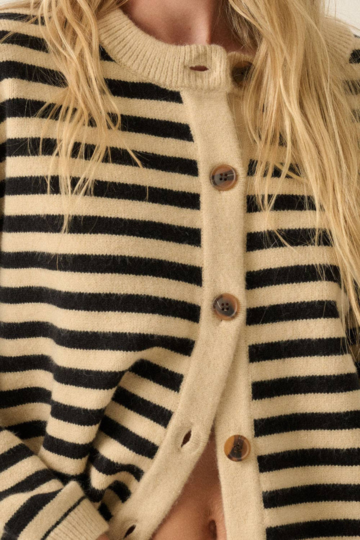 Striped Knit Crewneck Button-Front Relaxed-Fit Cardigan