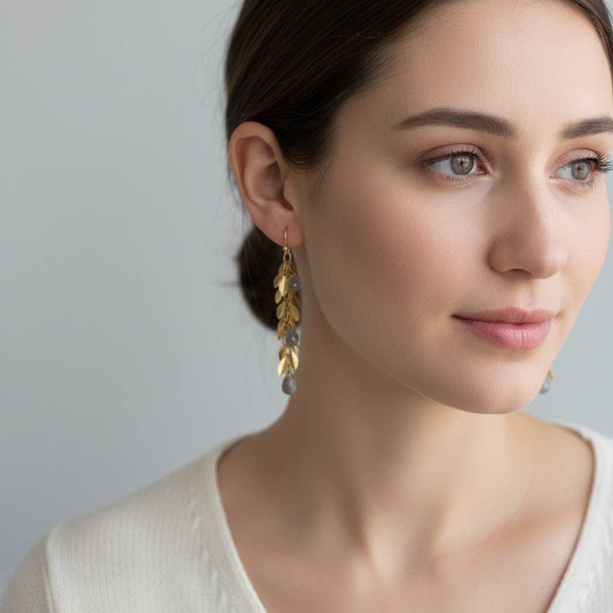 Brass Lightweight Leaf Chain and Labradorite Dangle Earrings