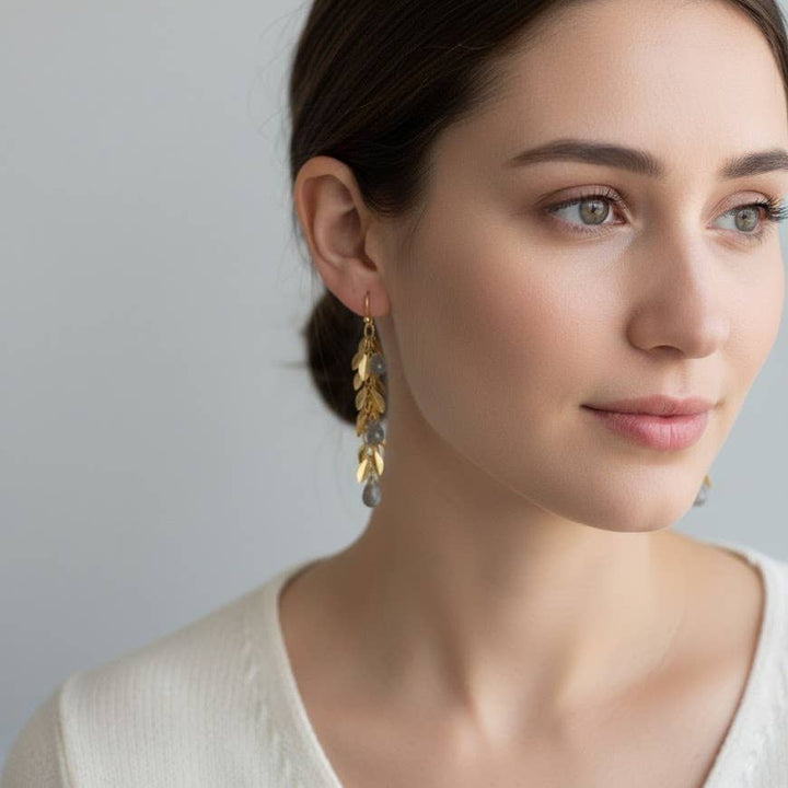 Brass Lightweight Leaf Chain and Labradorite Dangle Earrings