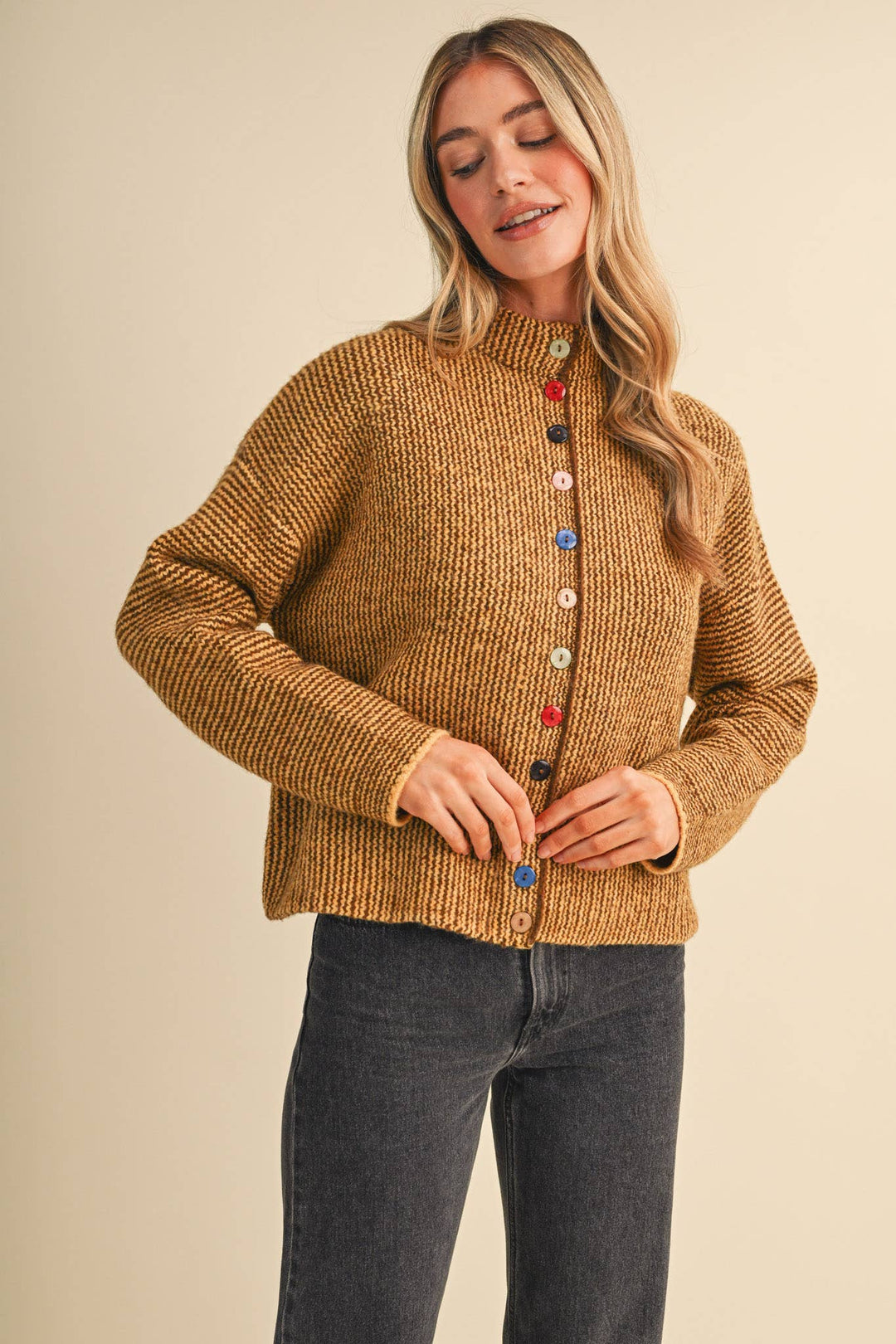 STRIPED SWEATER CARDIGAN WITH COLORFUL BUTTONS MS112