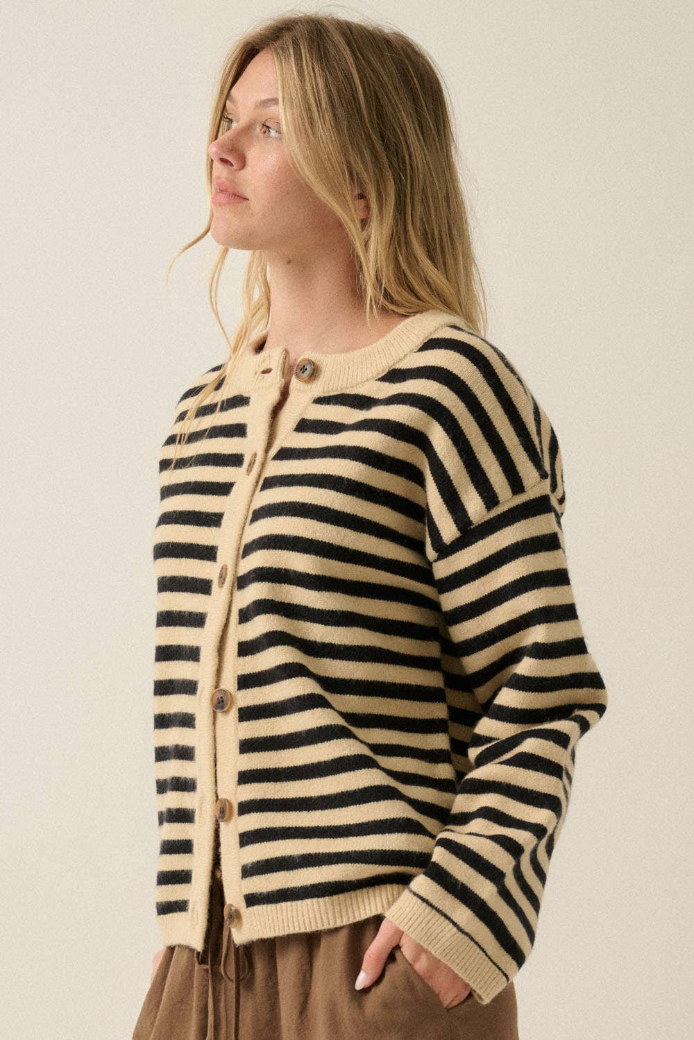 Striped Knit Crewneck Button-Front Relaxed-Fit Cardigan