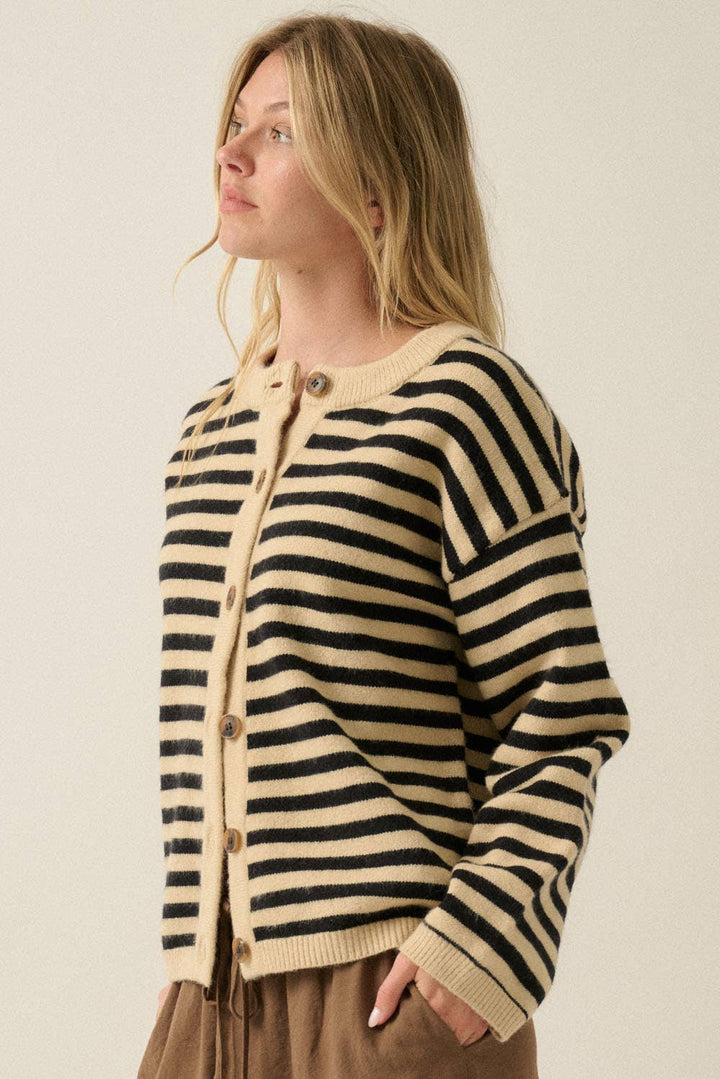 Striped Knit Crewneck Button-Front Relaxed-Fit Cardigan