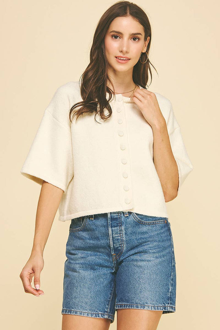 BUTTON DOWN SHORT SLEEVE SWEATER - PN652