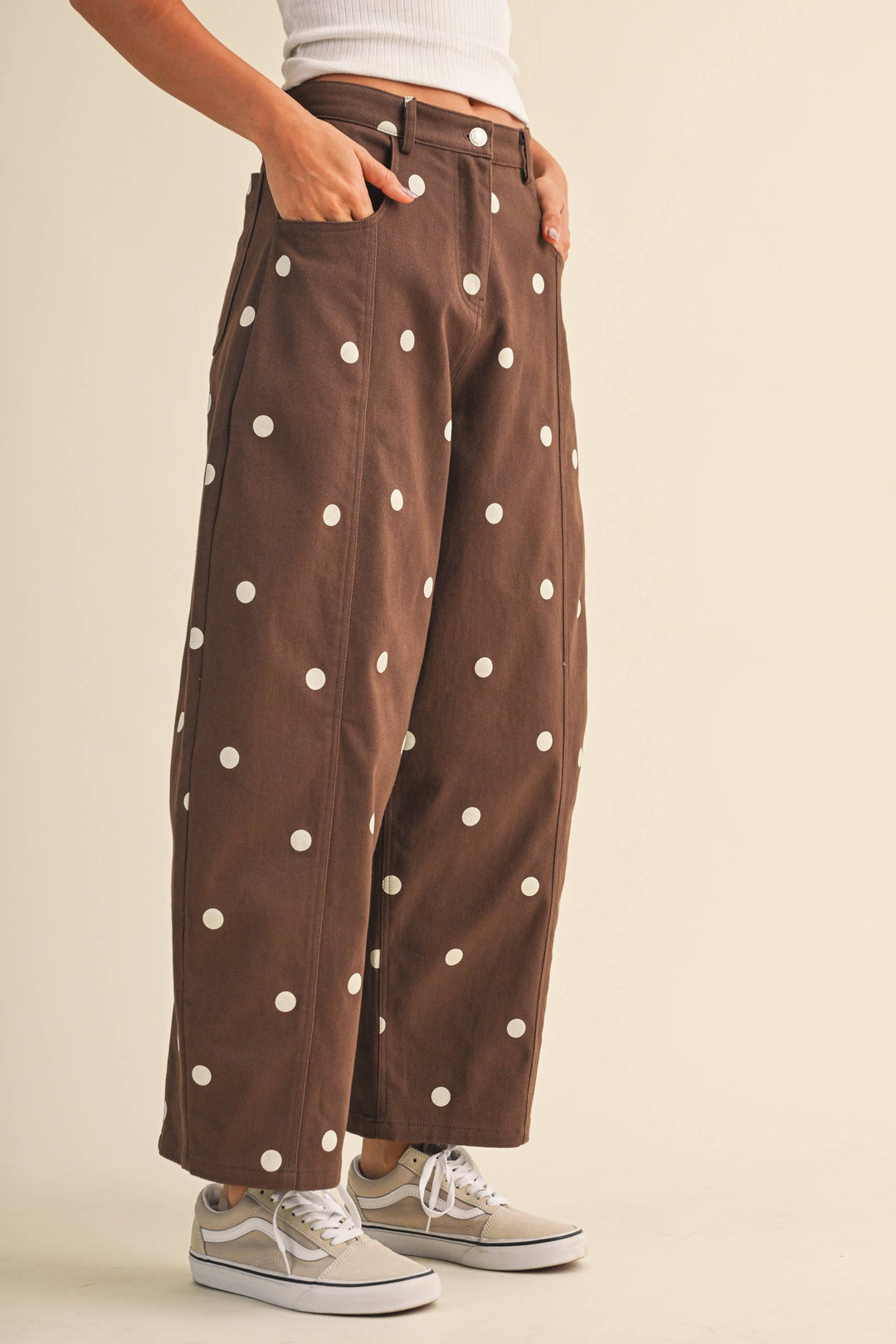 IP1390 POLKADOT STRETCH TWILL MID WAIST BARREL PANTS