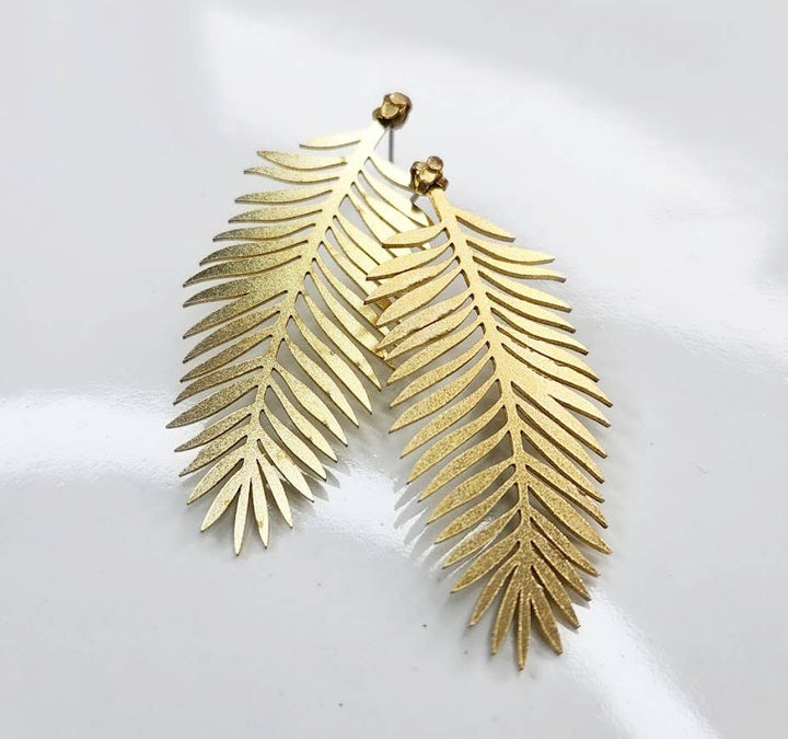 Brass Fern Frond &amp; Boston Fern Post Bold Statement Earrings