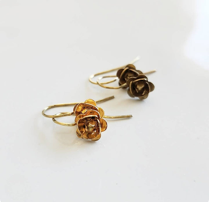 Antiqued and Golden Brass Rosette Flower Dangle Earrings