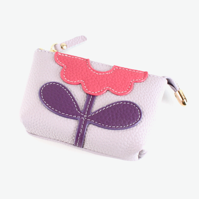 Flower Applique Leather Coin Purse w/Keychain