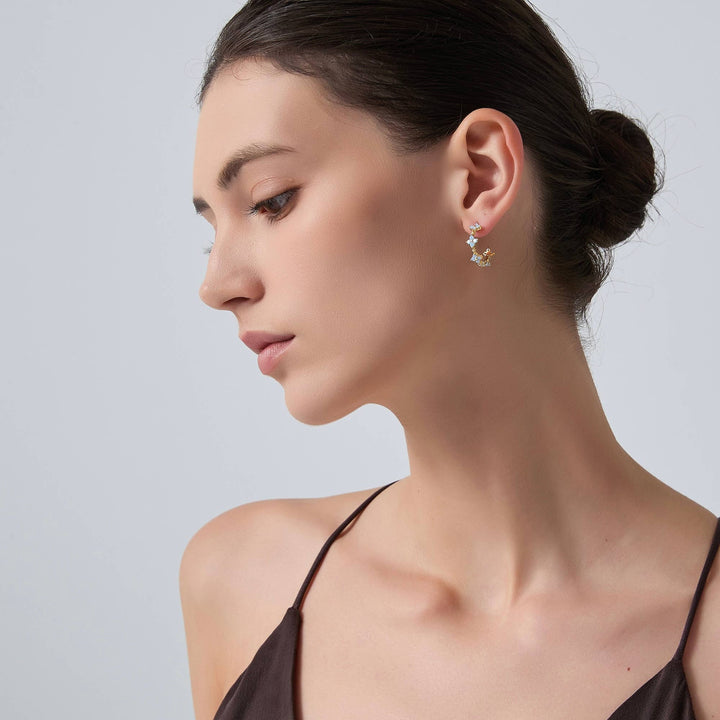 Dainty Blue Opal Flower Hoop Earrings in 925 Sterling Silver