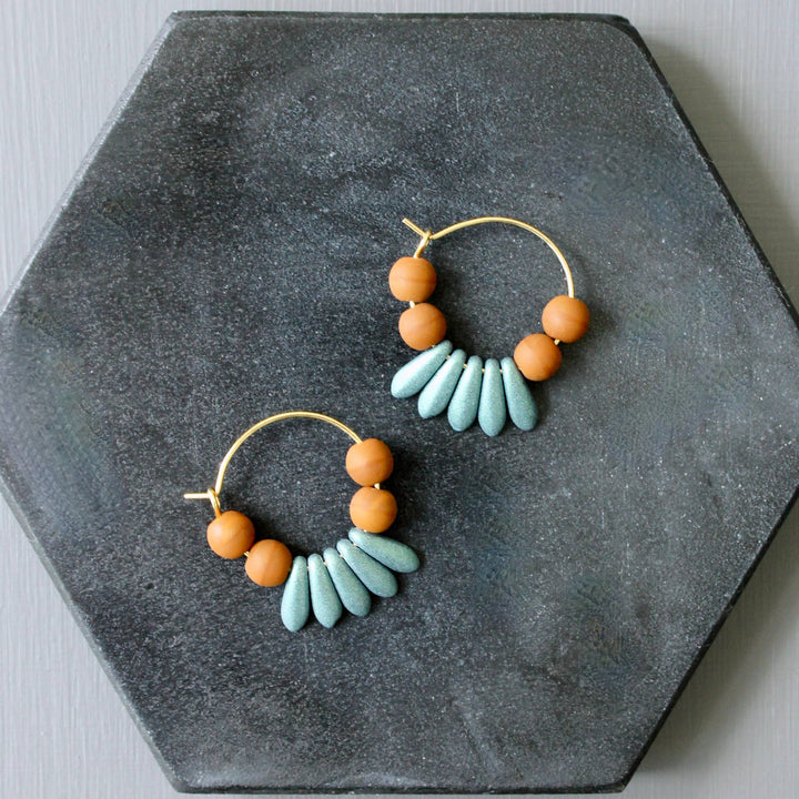 JLTE01 teal and caramel mini hoop earrings