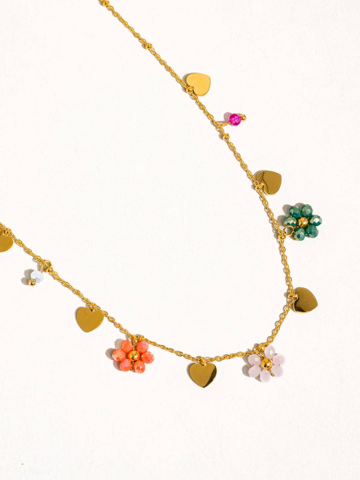Melvin 18K Gold Non-Tarnish Flower &amp; Hearts Necklace FLA06
