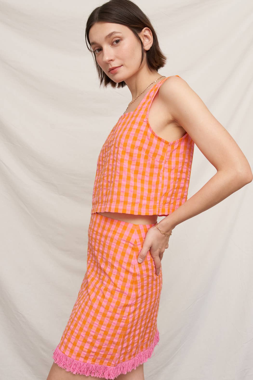 Sleeveless Square Neck Plaid Cropped Top EC763