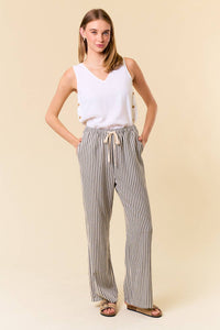 LINEN BLEND STRIPE WIDE LEG PANTS