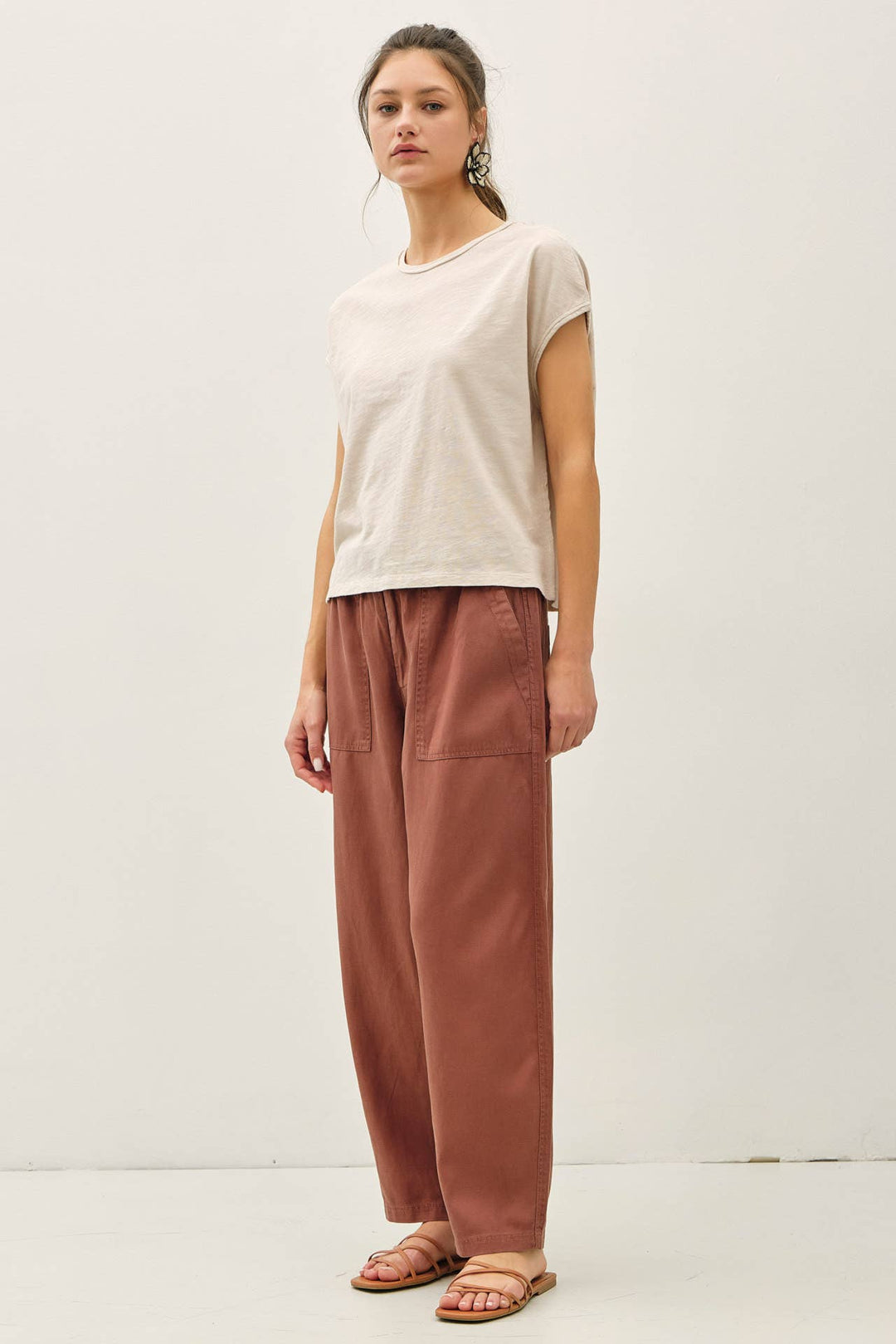 TENCEL LINEN BLEND BARREL TAPERED PANTS BC562