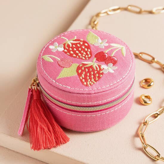 Strawberry Embroidered Travel Round Jewellery Case in Pink