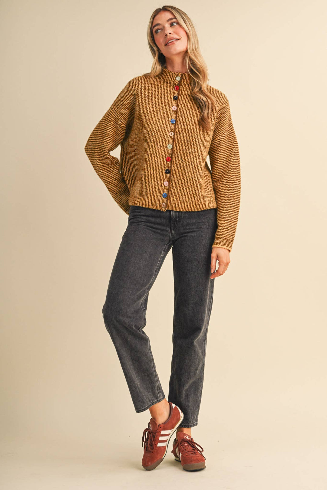 STRIPED SWEATER CARDIGAN WITH COLORFUL BUTTONS MS112