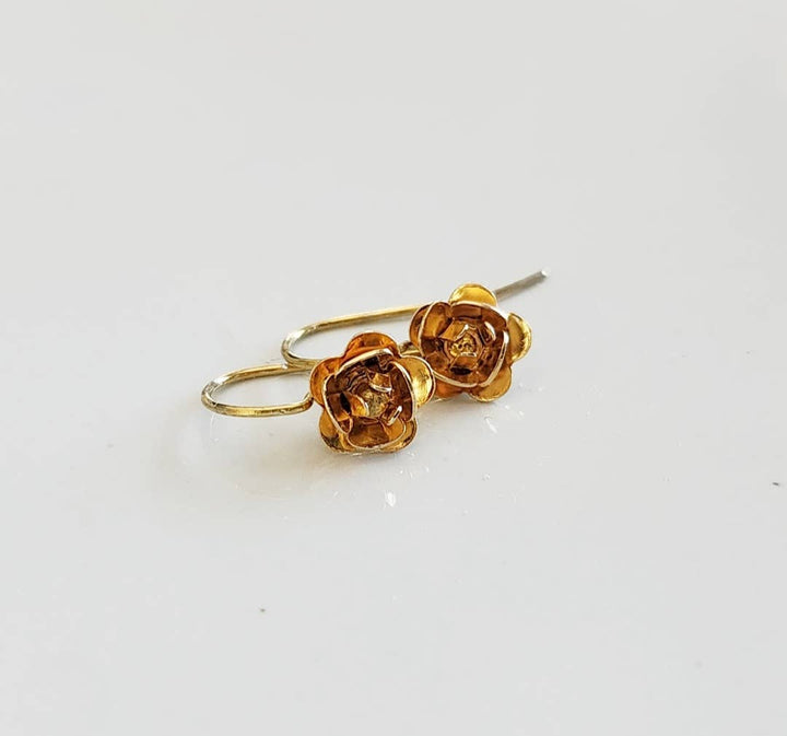 Antiqued and Golden Brass Rosette Flower Dangle Earrings