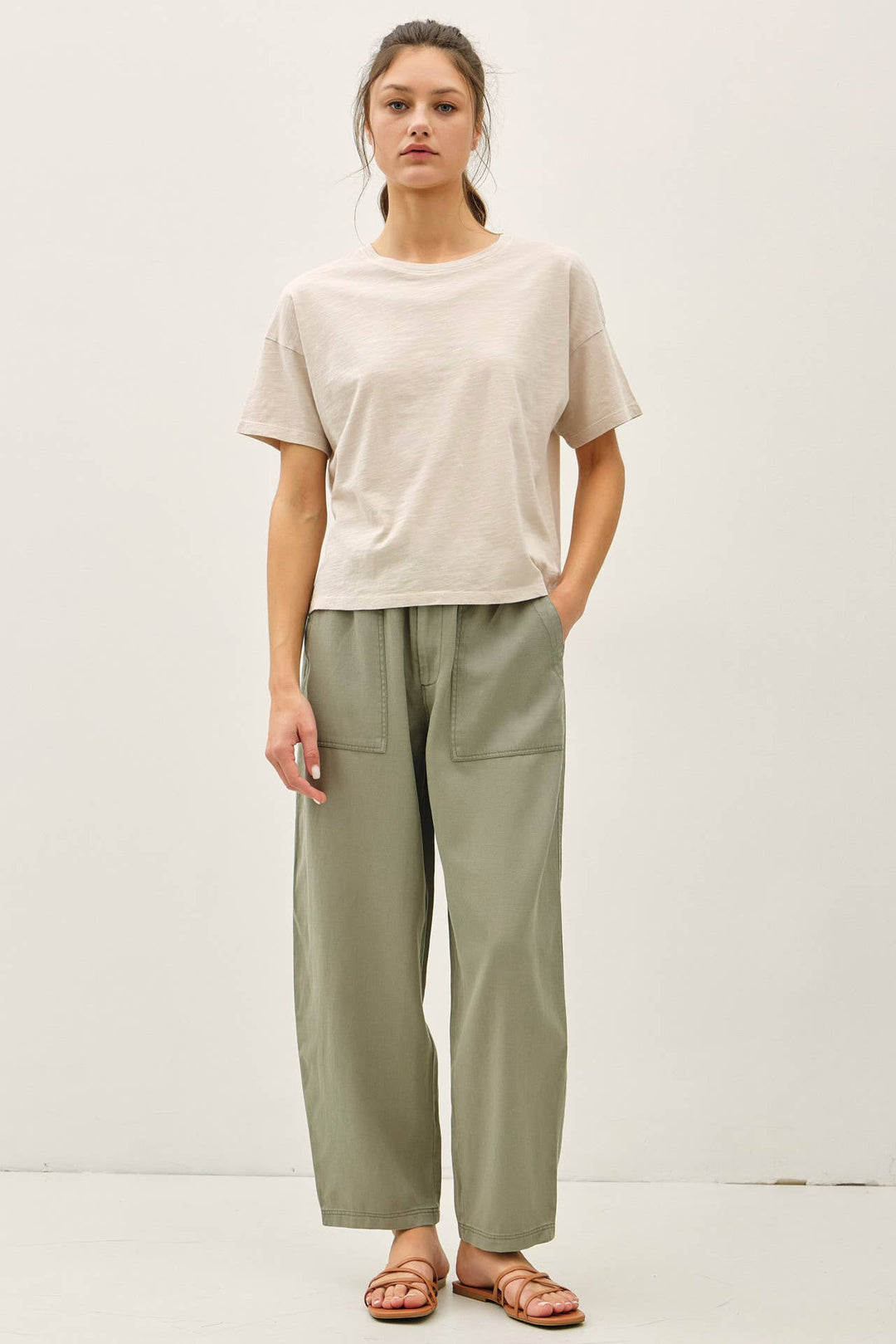 TENCEL LINEN BLEND BARREL TAPERED PANTS BC562
