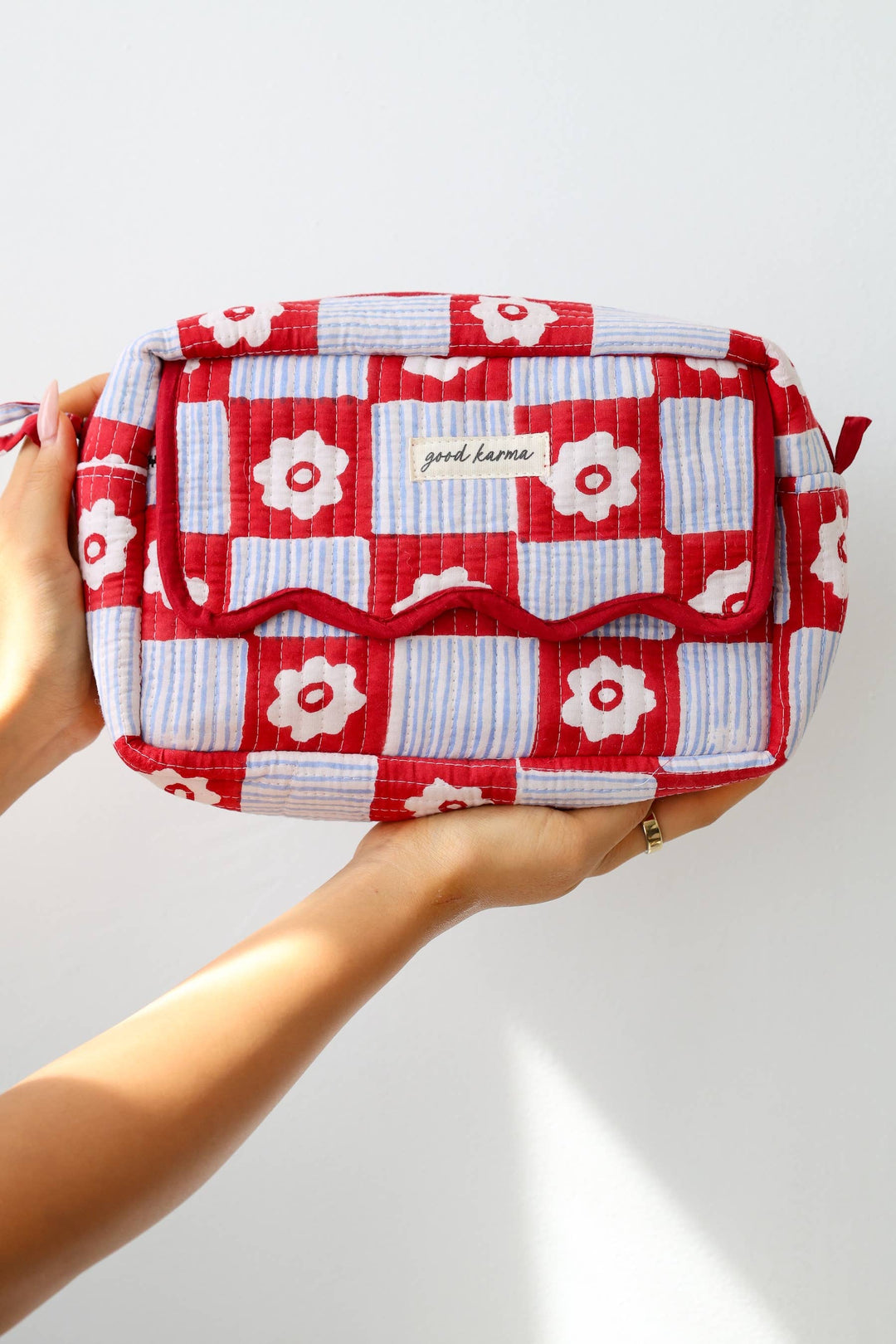Scalloped Block Print Toiletry Bag Cotton Makeup Travel Case